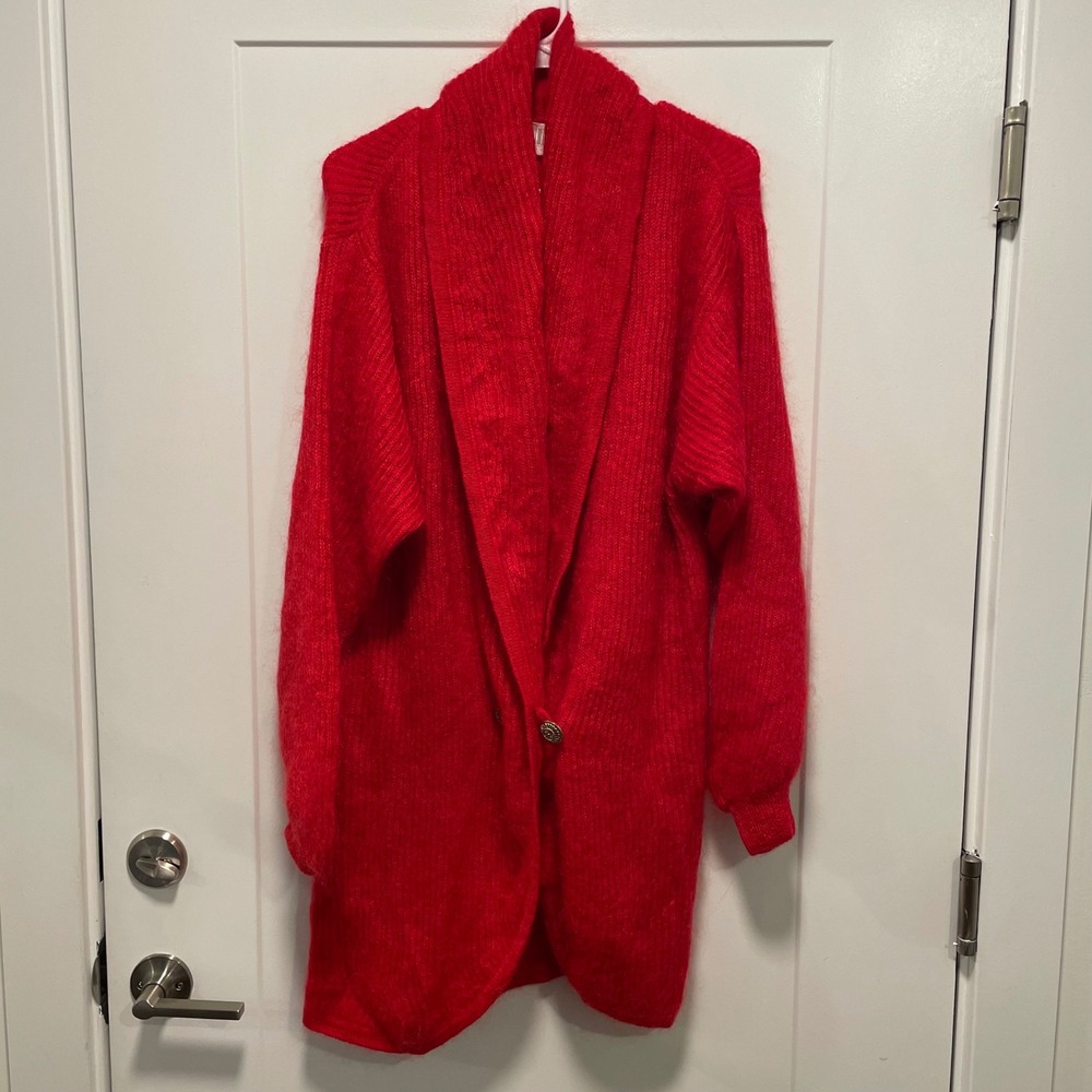 Madeleine Red Kidmohair Blend‎ Shawl Collar Long Cardigan Sweater Size M